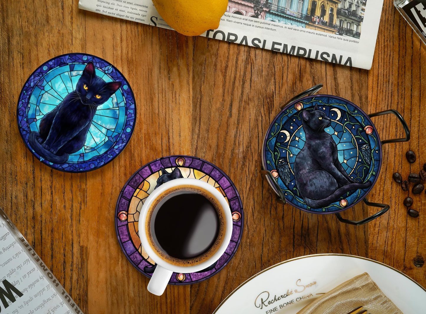 Onebttl Black Cat Gifts for Women, Black Cat Merch Coaster, Set of 6, Ceramic, Absorbent with Cork Base