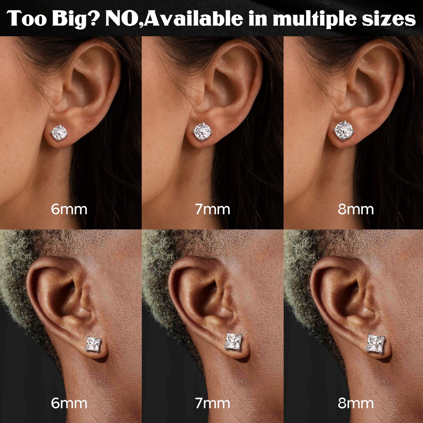Jstyle 4 Pairs Stainless Steel Magnetic Stud Earrings for Men Women Silver Tone CZ Non-Piercing Clip On Stud Earrings Set 6-8MM