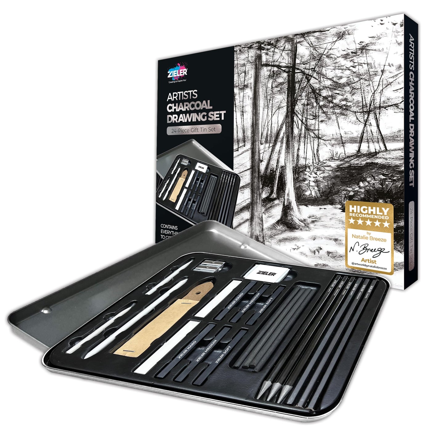 Zieler Artists Charcoal Drawing Set | 24-piece Gift Tin Set | The Ideal Starter Set