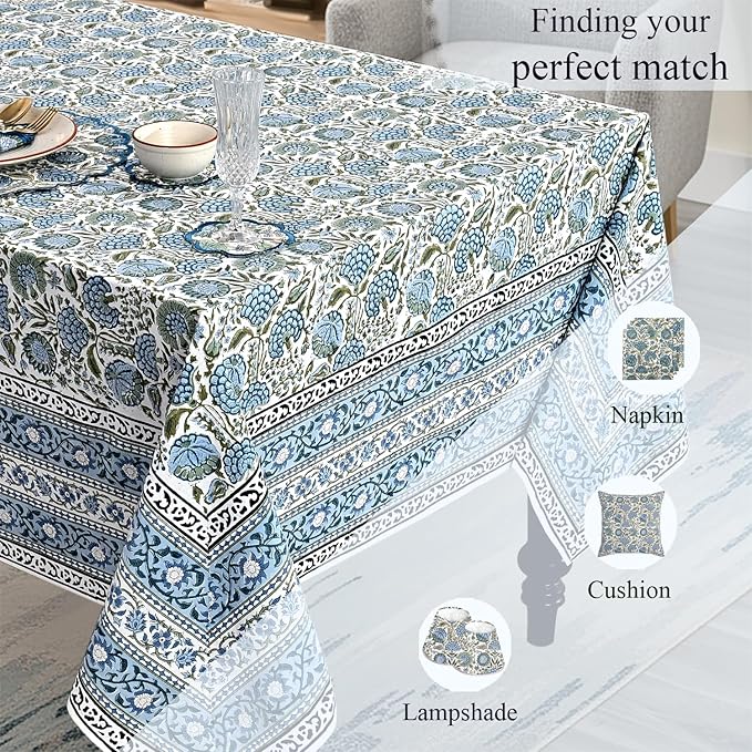 Ridhi Hand Block Print Asparagus Green Rectangle Cotton Tablecloth 90" x 60" Reusable Table Cover Decorative Everyday Use for Dining, Farmhouse, Home Gift for Spring, Easter, Valentine