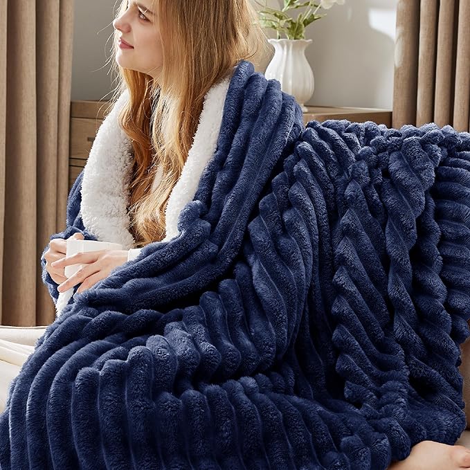 Bedsure Sherpa Throw Blanket for Couch - Super Soft, Cozy Fleece Thick Warm Blanket for Winter, GentleSoft Plush & Fluffy Throw Gift for Women, Room Decor, Navy Blue, 50x60 Inches