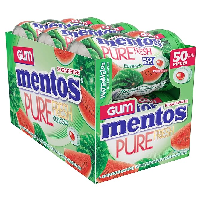 Mentos Pure Fresh Sugar-Free Chewing Gum with Xylitol, Watermelon, Bulk, 50 Piece Bottle (Pack of 6)