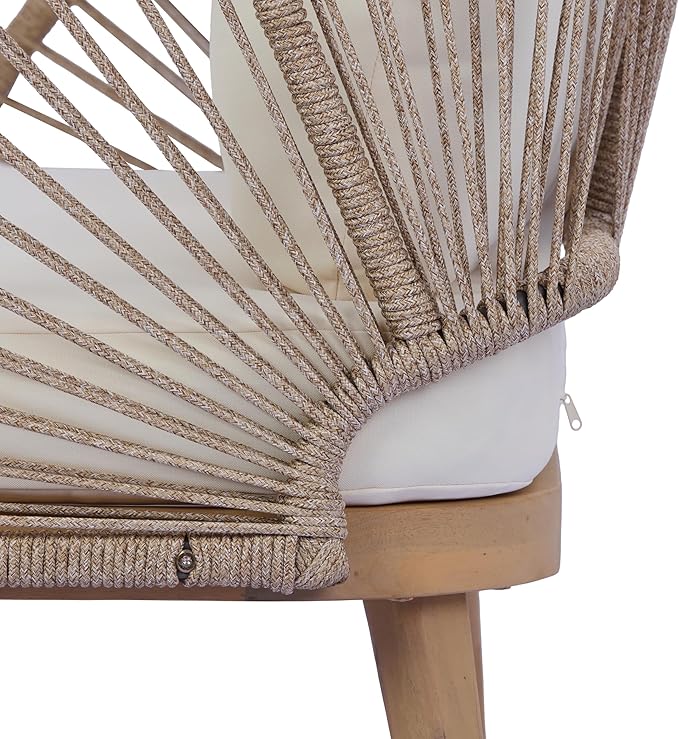 Merax 4-Piece Acacia Wood Patio Conversation Set - Curved Tub Loveseat & Chairs with Woven Rope Accents,Slatted Coffee Table & Weather-Resistant Cushions for Outdoor Deck,Garden or Balcony,Teak+ Beige
