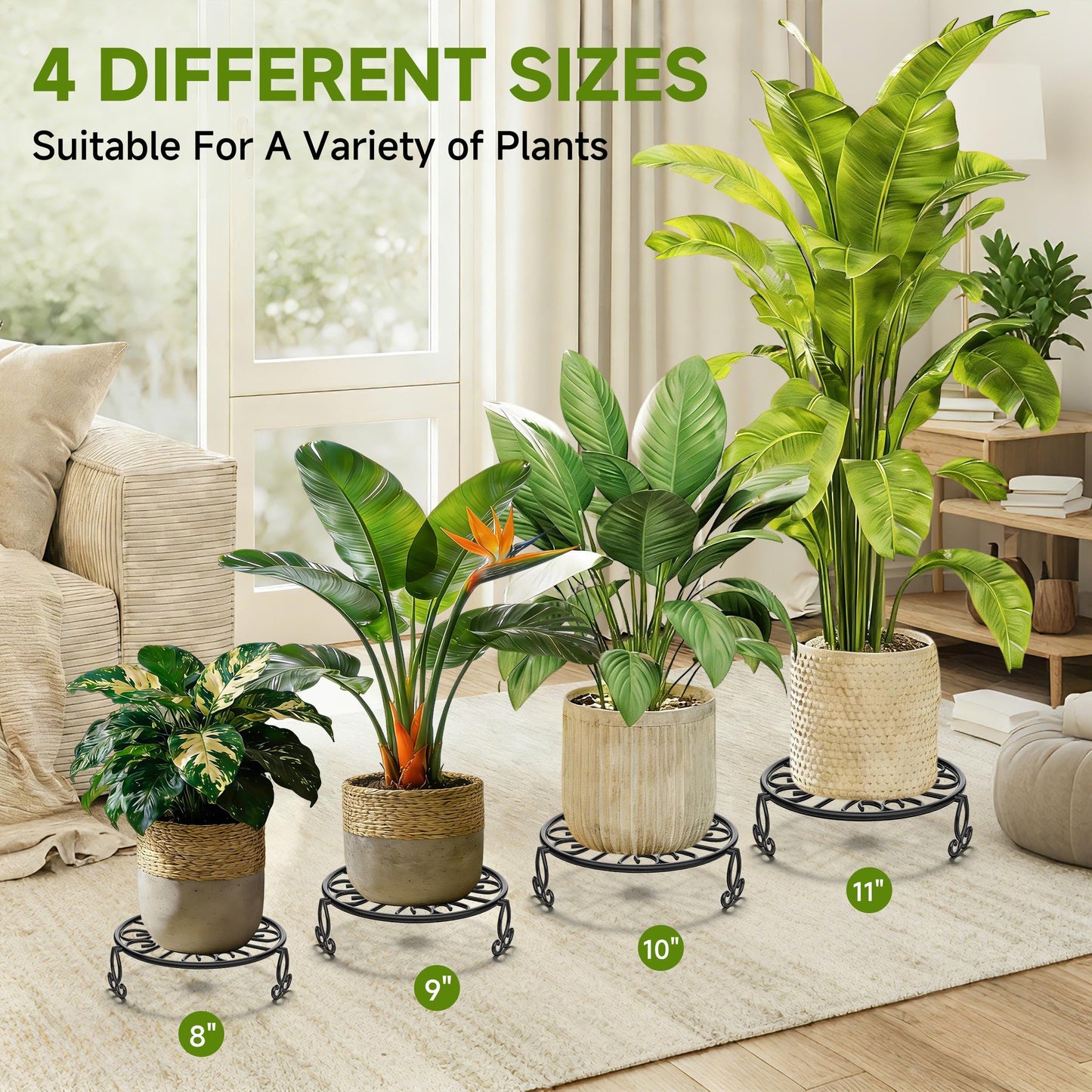8" 9" 10" 11" 4-Pack Wrought Iron Plant Stands for Outdoor & Indoor Use, Heavy Duty Rustproof Metal Pot Stand Holder, Single Short Round Black Base for Patio Garden Porch Plants Flower Pots Planter Riser