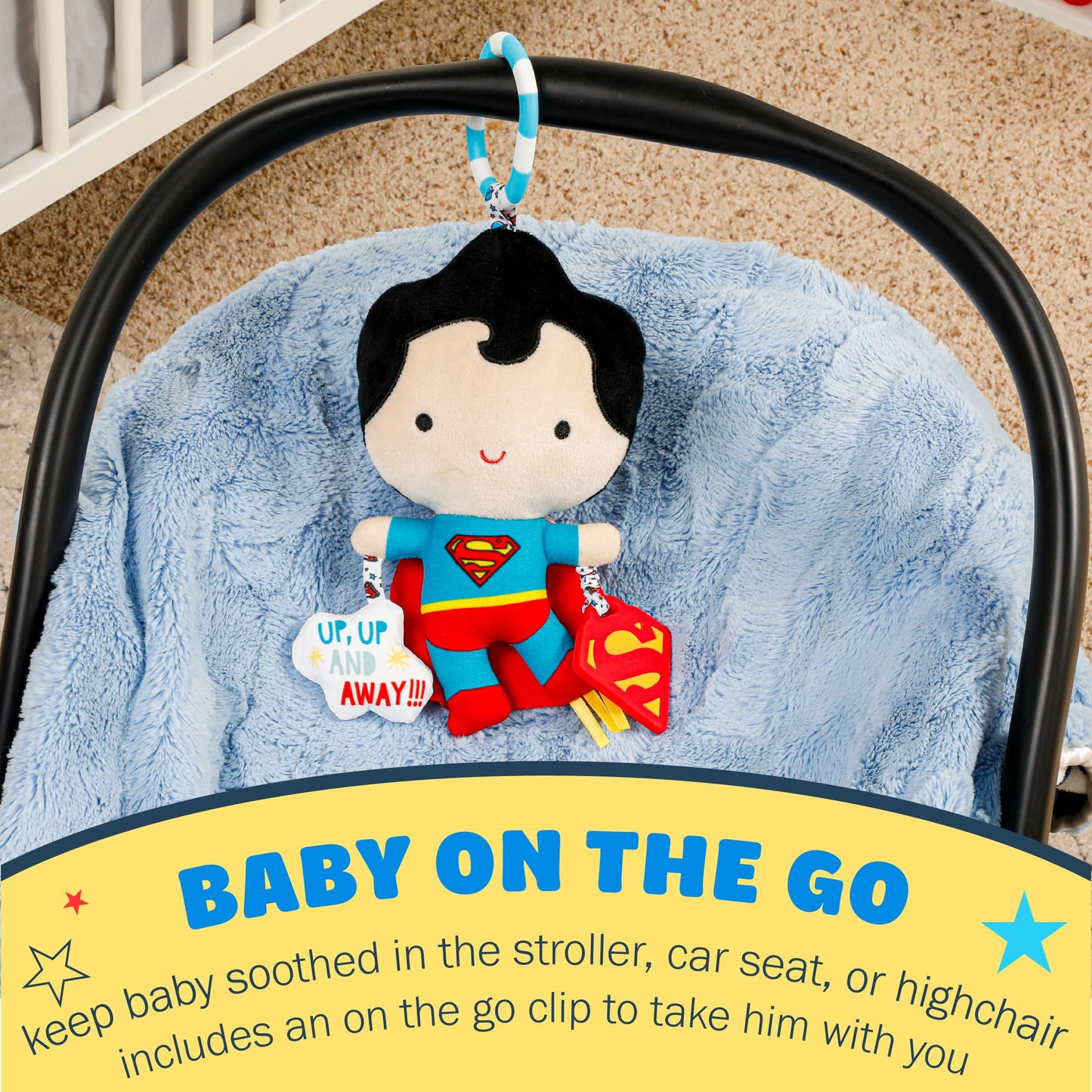 Kids Preferred DC Comics Superman Multi Sensory Activity Toy with Teethers, Crinkle Textures, and Clip for On The Go Fun for Infant and Baby Boys and Girls, Medium