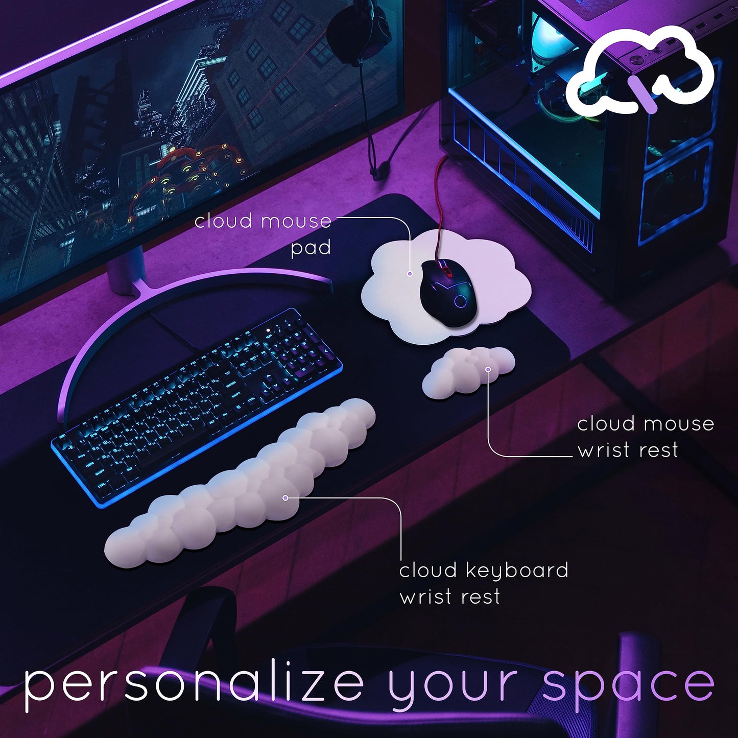 Purple Cloud Keyboard Wrist Rest – Create-ables Qloud Purple Wrist Rest for Computer Keyboard and Mouse, Ergonomic Memory Foam Wrist Pad with Non-Slip Base, Includes Cloud Mouse Pad