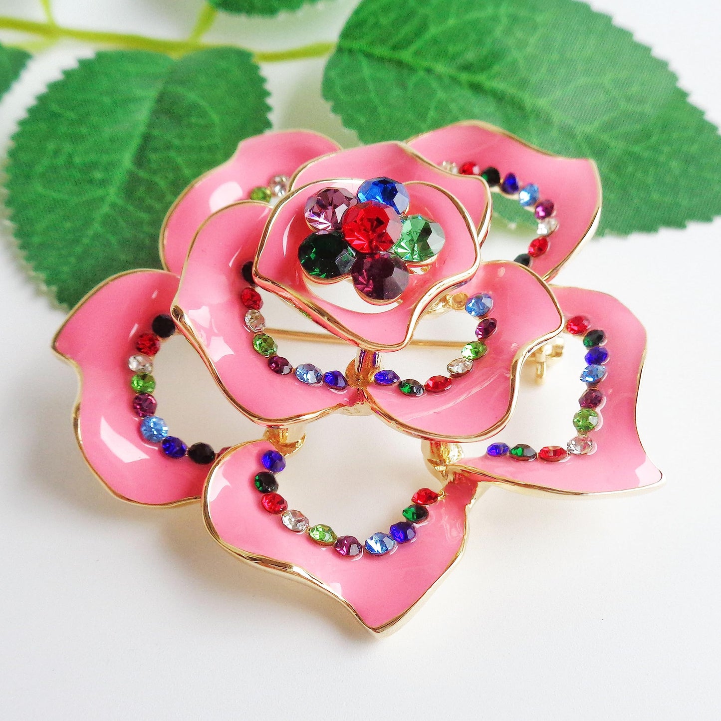 Navachi 18k Gold Plated Multi-color Crystal Pink Enamel Rose Flower Az7835b Brooch Pin
