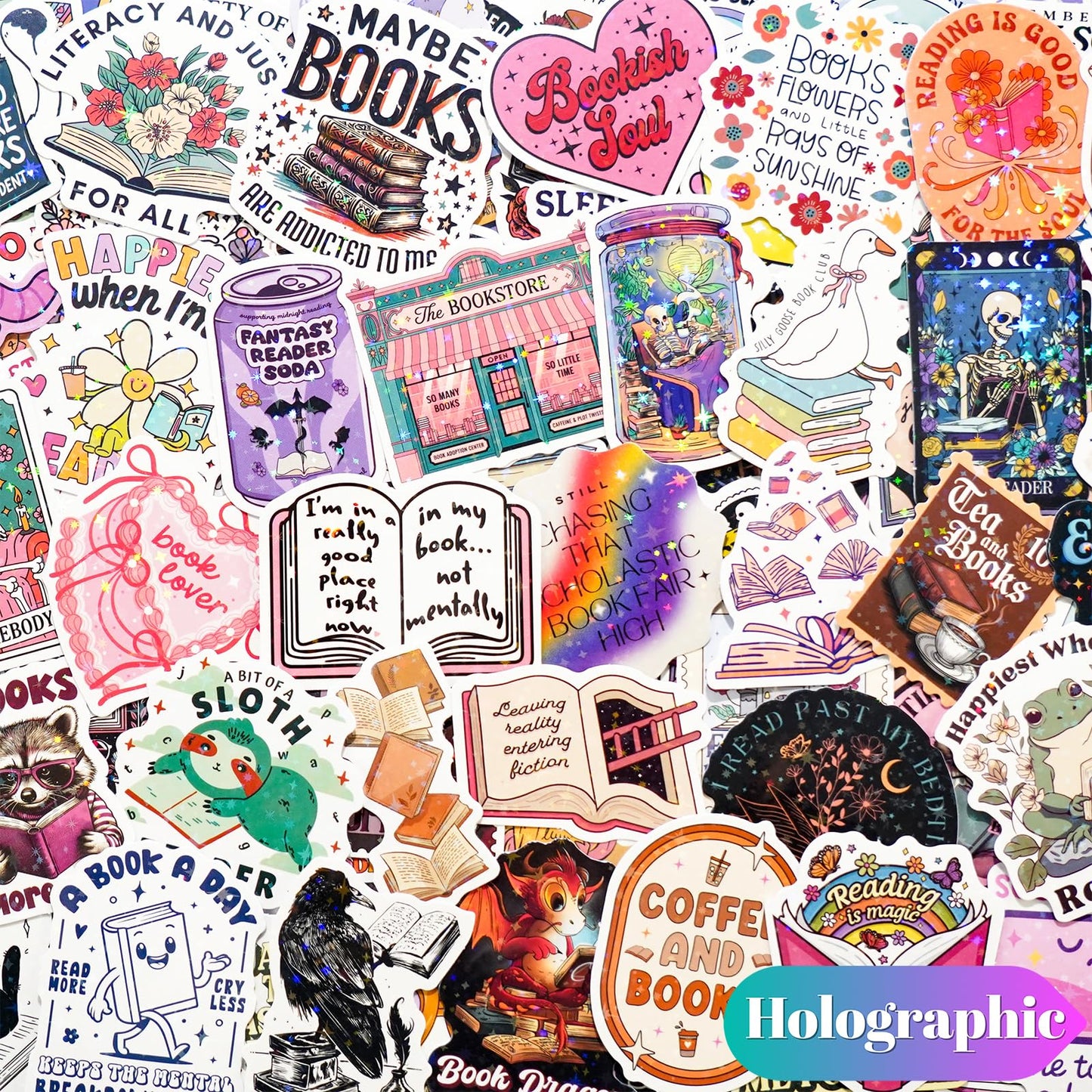 300 PCS Book Stickers for Kindle, Bookish Sticker Pack Reading Glitter Waterproof Vinyl Decals for Laptop, Ebook Readers, Water Bottles, Phone, Journal, Scrapbook, No Repeats (Holographic)