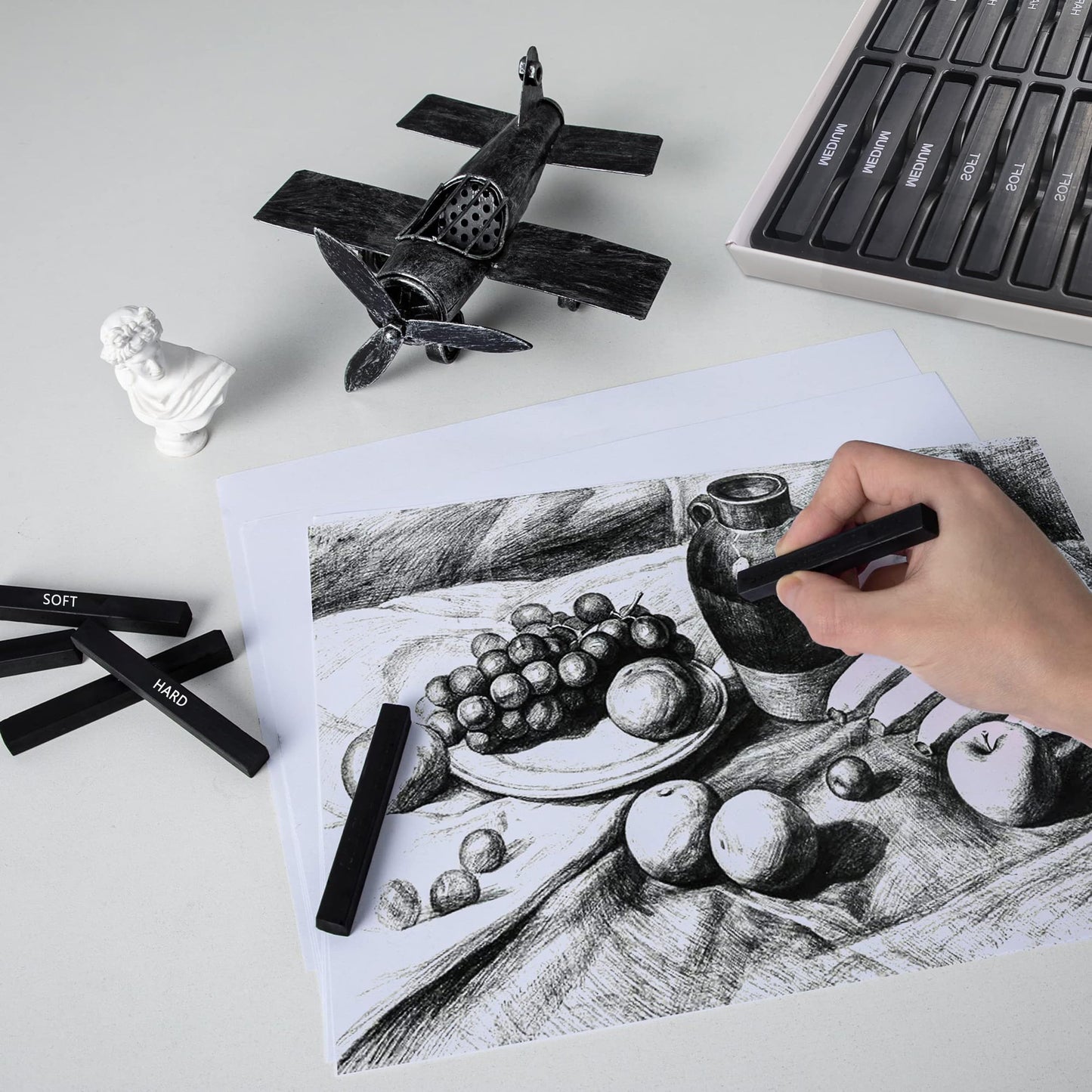 Dlicoda 24 Pcs Compressed Charcoal Sticks with Soft, Medium, Hard and White Charcoal, Square Vine Charcoal Stick Kit for Drawing, Sketching and Shading, Art Supplies for Artists Beginners