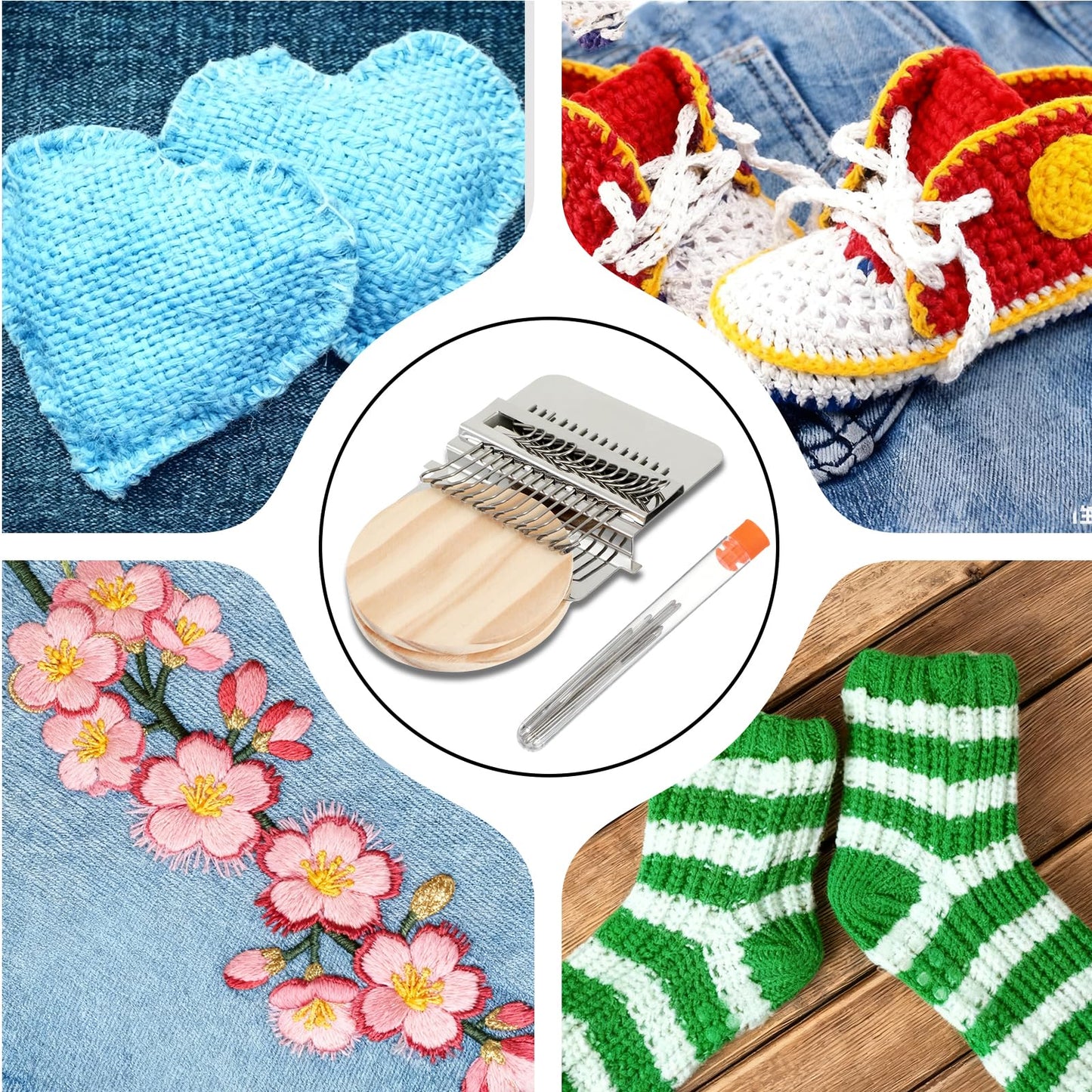 Mini Loom Machine Kit, Wooden Weaving Tool with Stainless Steel Needles, Loom Type Weave Tool for Beginners Quickly Mending Jeans Mending Socks Clothes