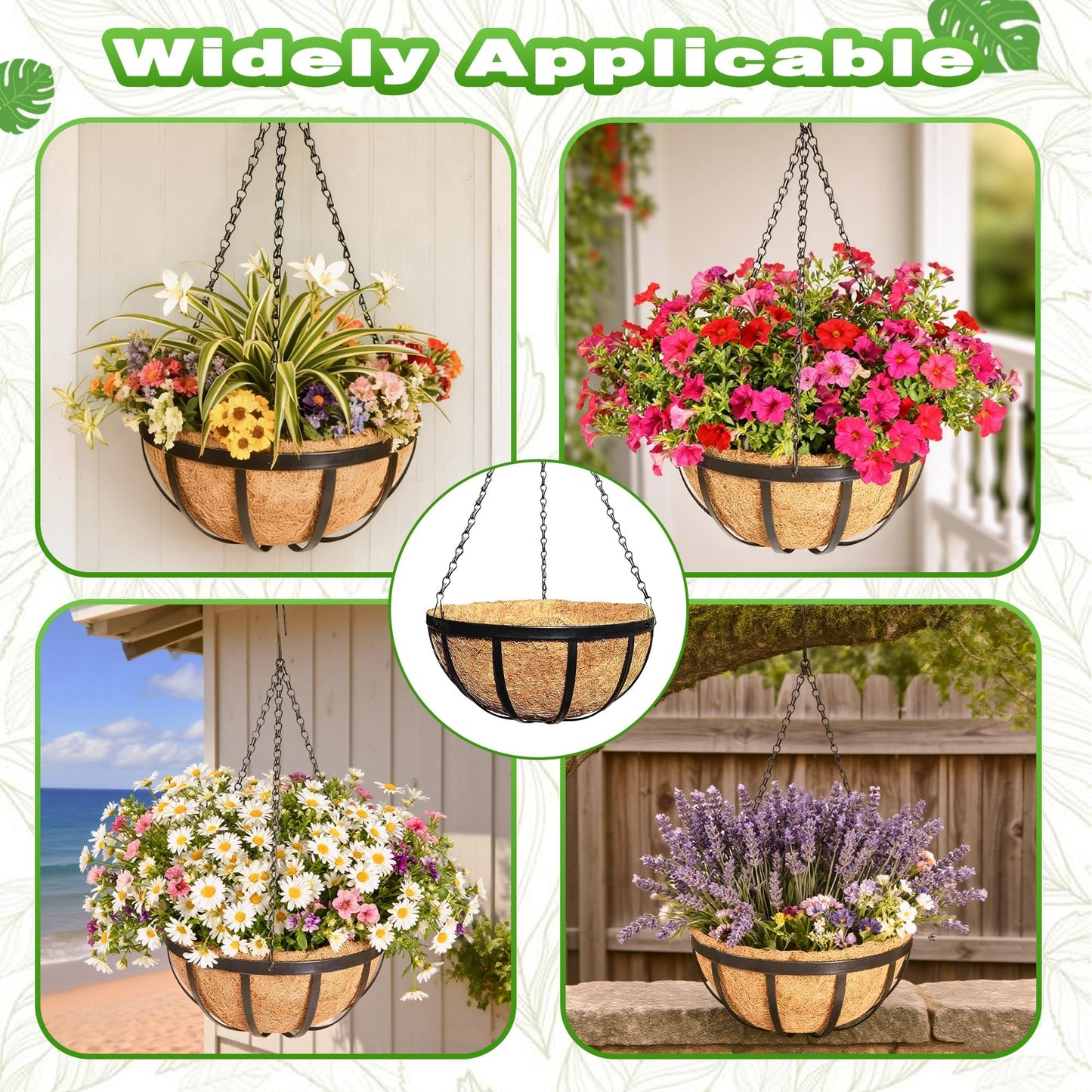 Qusuxi 2 Pack 12 Inch Metal Outdoor Hanging Baskets Black Heavy Duty Hanging Planters with Coco Liners for Indoor Outdoor Plants Gardens Patios Terraces（Flat Iron）