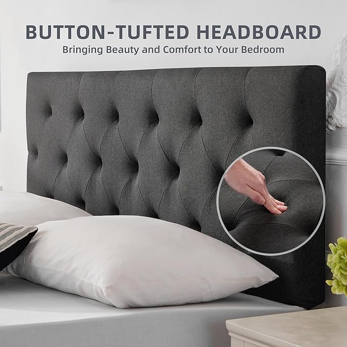 Linen Upholstered Headboard King Size, Modern Diamond Tufting Solid Wood Cali King Headboard Only, Adjustable Height from 37” to 51” Head Board, Bed Frame or Wall Mount Headboards, Dark Grey