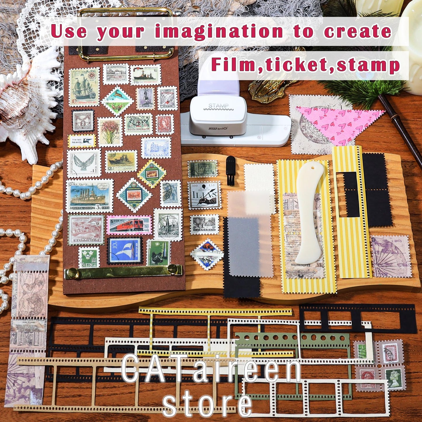 Postage Stamp Border Puncher with Scrapbooking Paper Folder Tool Card Making Supplies Kits Film Strips Cutter Hole Punch Crafting Journaling Scrapbook Materials Junk Journal DIY Kit