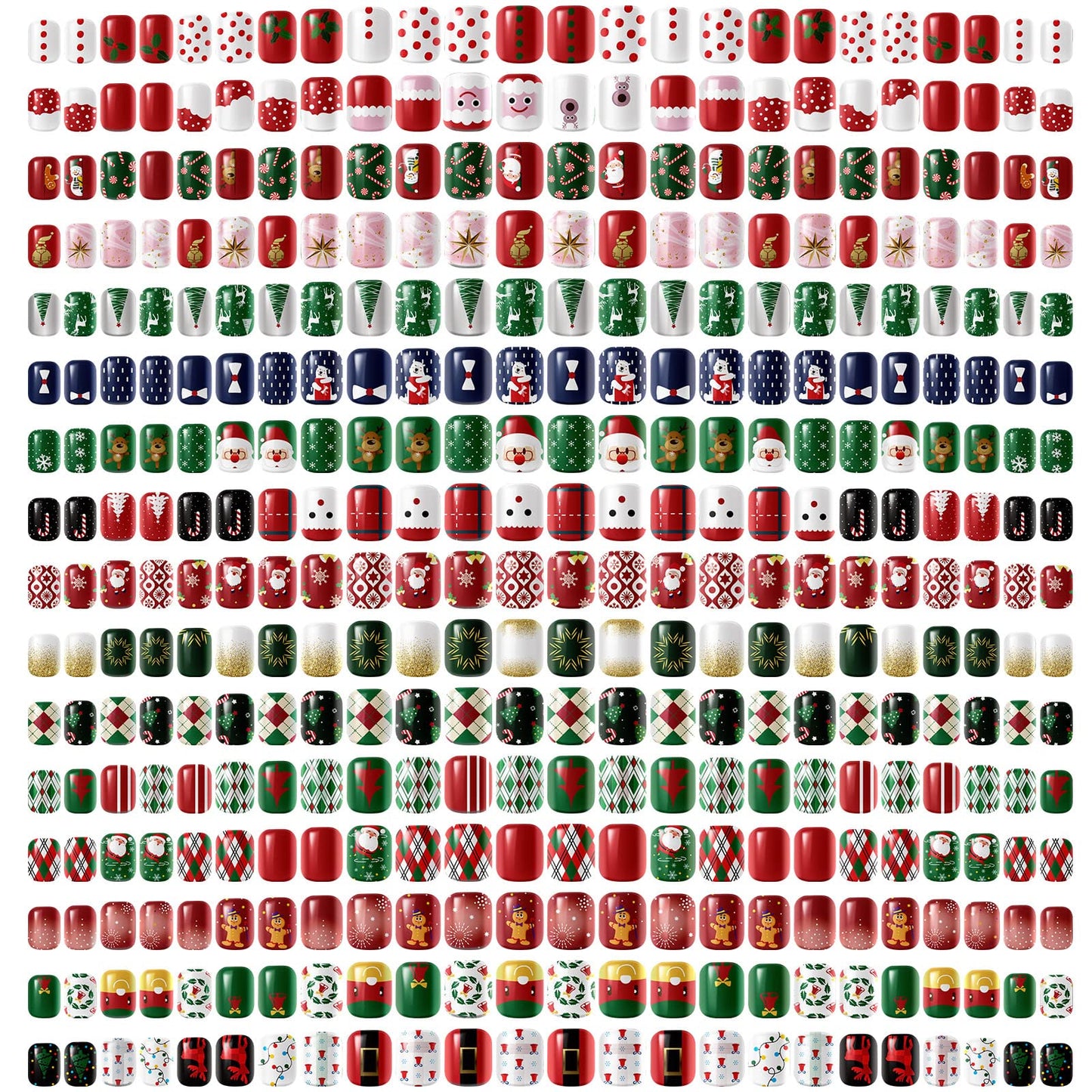Kacctyen 384pcs 16pack Christmas Press on Nails Winter Square Short Red Fake Nails with Santa Elk Snowflake Pattern Glue on for Women Girls(Bright Pattern)