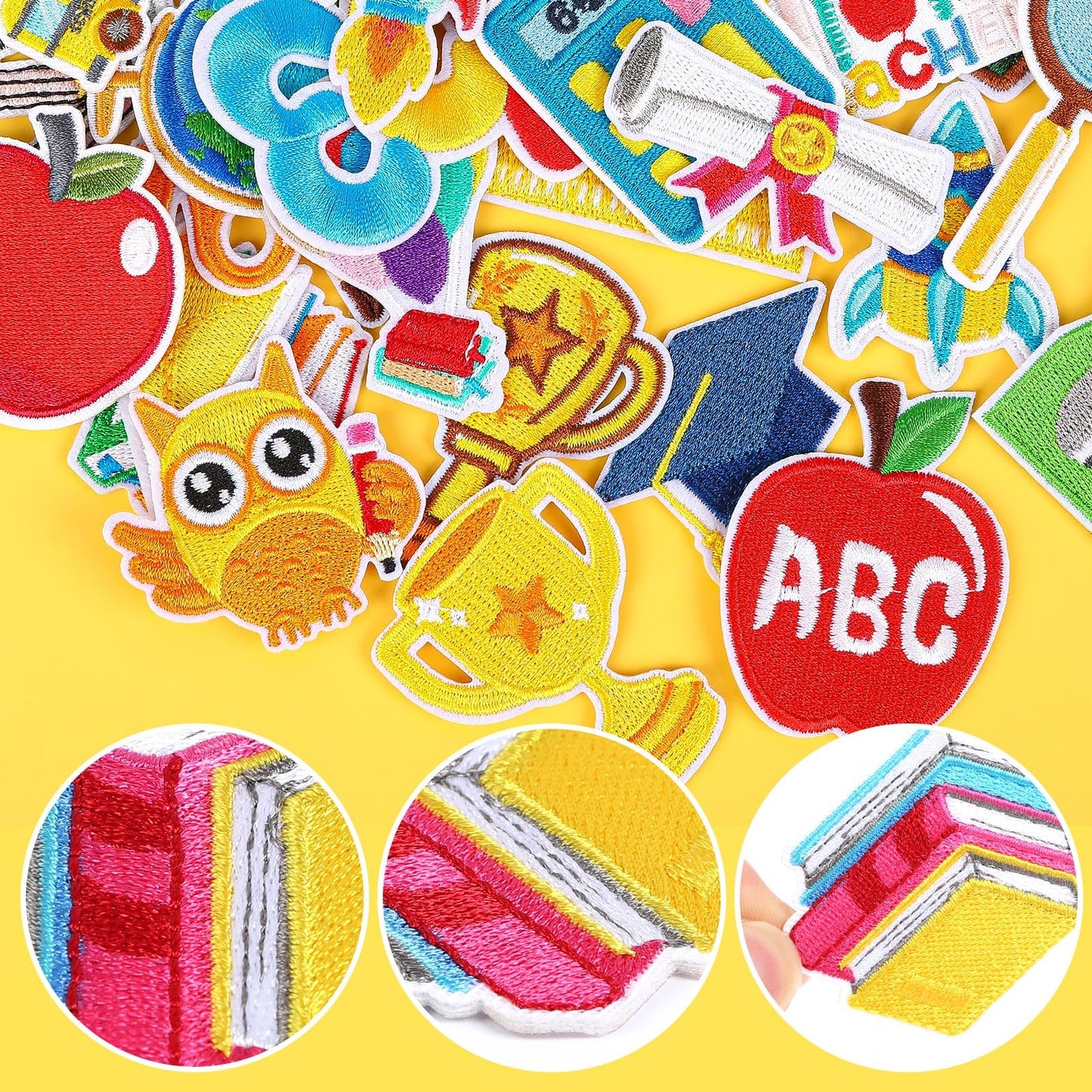AUGSUN 36pcs Back to School Iron on Patches Pencil School Bus Embroidered Sew Applique Repair Patch Teacher Students DIY Crafts for Clothing Jacket Jeans Pants Dress Backpack Hat Decorations
