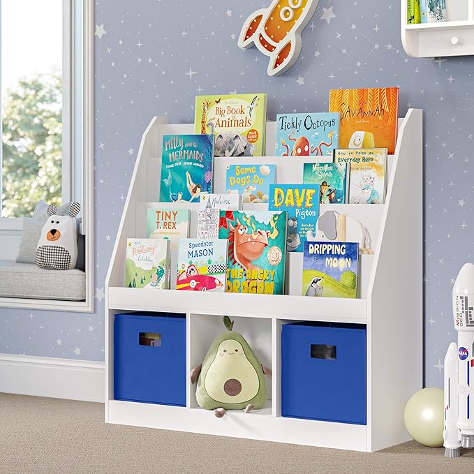 RiverRidge Kids Bookrack with Three Cubbies and 2 Blue Bins