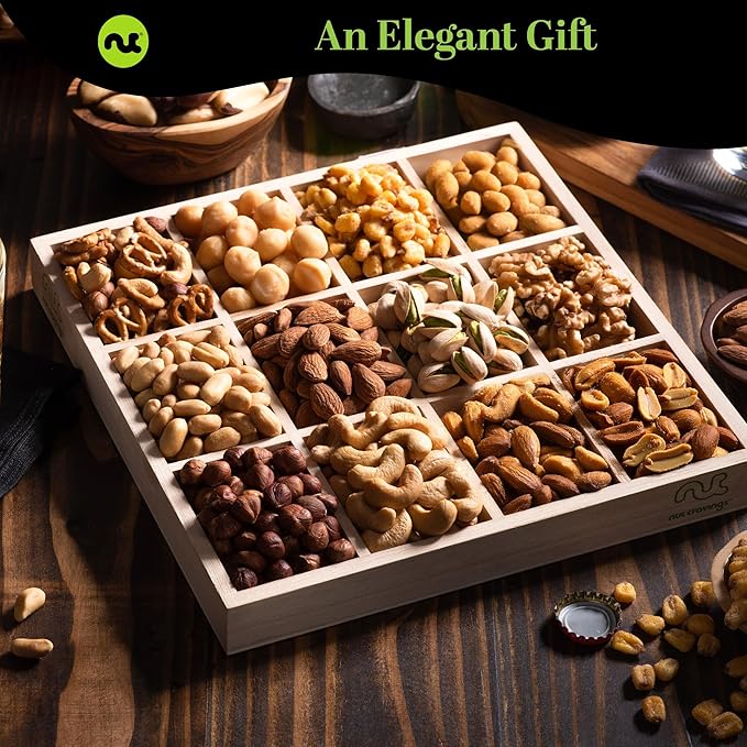 NUT CRAVINGS Gourmet Collection - Thinking of You, Nuts Gift Basket with Thinking of You Ribbon + Greeting Card in Reusable Wooden Tray (12 Assortments) Food Arrangement Healthy Snack Food Assortments