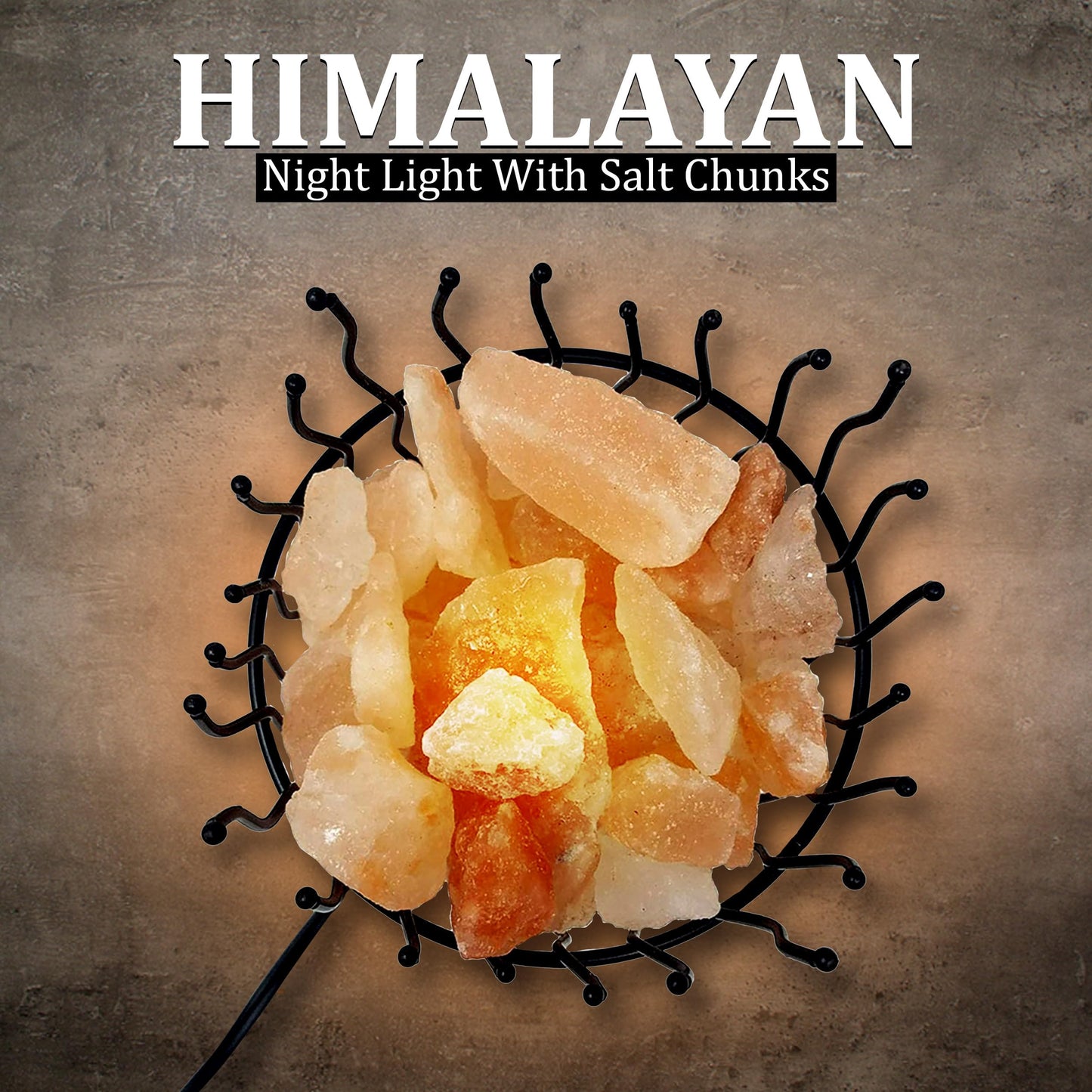 Natural Himalayan Salt , Tall Round Metal Basket lamp with Dimmer Switch | 8-10 lbs