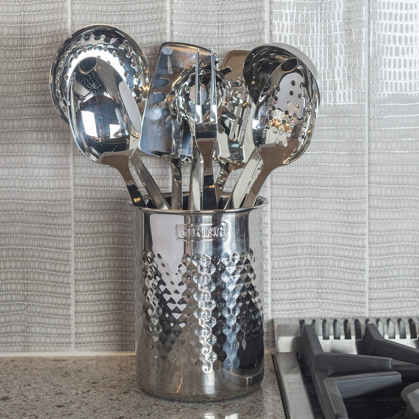 Viking Kitchen Utensil Holder, Hammered Stainless Steel Kitchen Utensils Organizer Crock, Counter Top Storage, Cooking Accessories, Silver