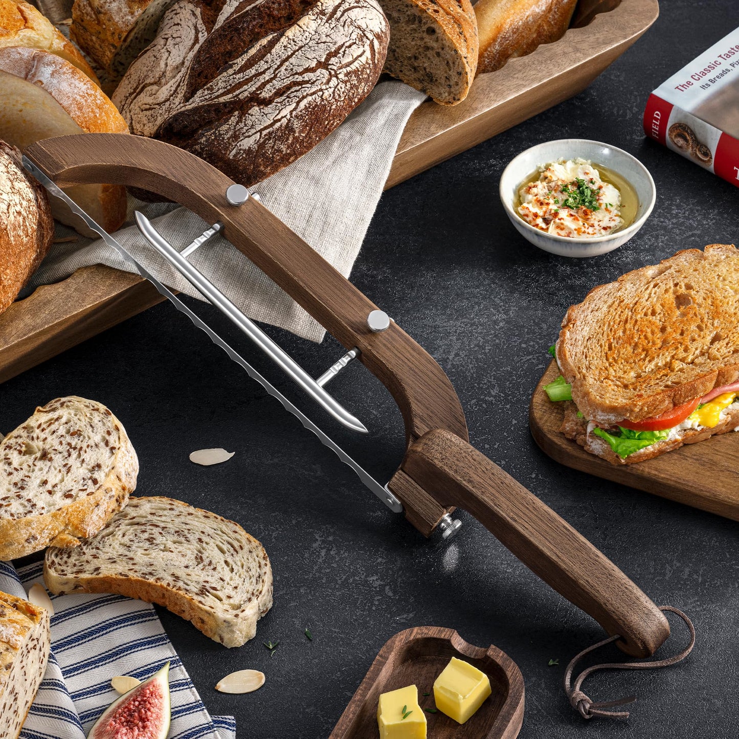 Adjustable Bread Bow Knife for Perfect Slices, Premium Wooden Frame, Tool-Free Blade Replacement, Multi-Thickness Cutter for Homemade Bread, Sourdough, Bagels, Loaves - Australian Mountain Ash