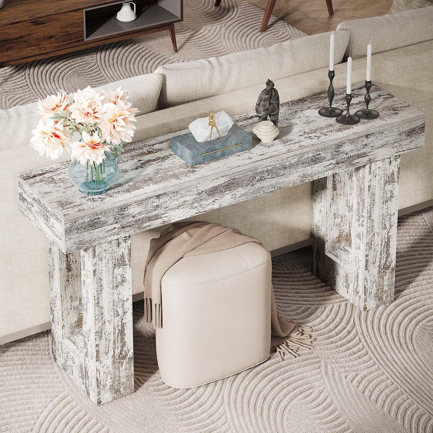 Tribesigns 63-Inch Long Console Table, Wooden Rectangular Sofa Table Behind The Couch, Farmhouse Entryway Table for Entrance, Hallway, Living Room (Distressed White)
