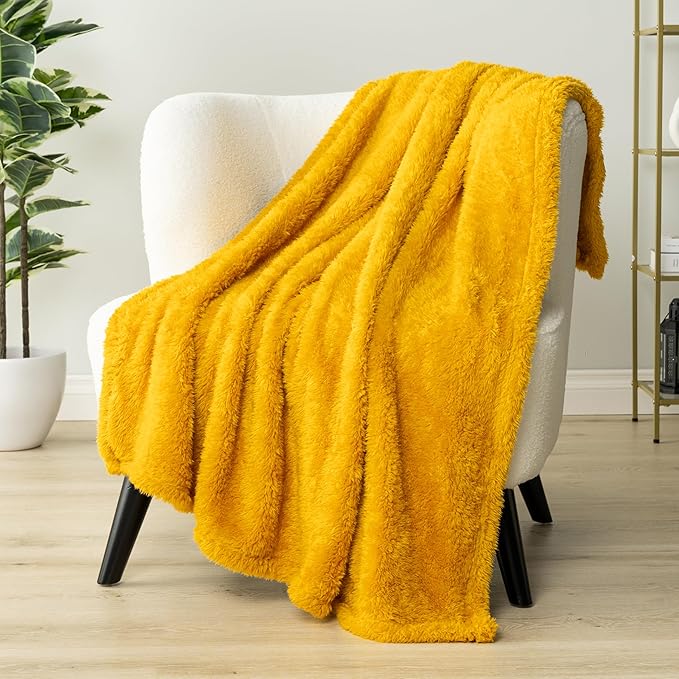 PAVILIA Sherpa Throw Blanket for Couch Sofa, Mustard Yellow Fluffy Warm Plush Blanket for Twin Bed, Cozy Super Soft Lightweight Throw, Fuzzy Decorative Blanket, All Season Home, 60x80