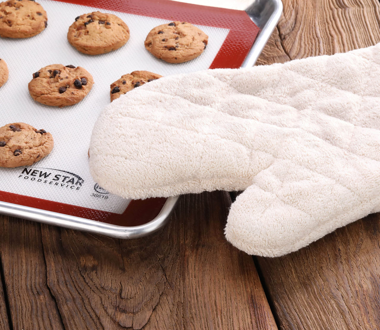 New Star Foodservice Oven Mitts with Extra Defense, up to 400F, Set of 2 (Tan (Terry Cloth), 13-Inch (Set of 2))