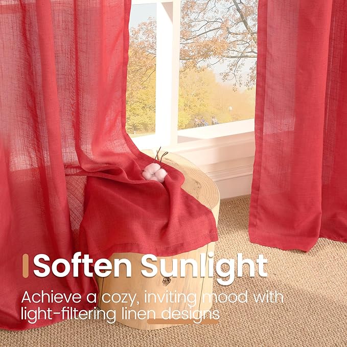 BGment Long Linen Semi Sheer Curtains 102 Inch Length for Living Room, Red Lightweight Window Drapes for Bedroom with Rod Pocket Light Filtering Rustic Textured, 2 Panels Set, Each 52 Inch Wide