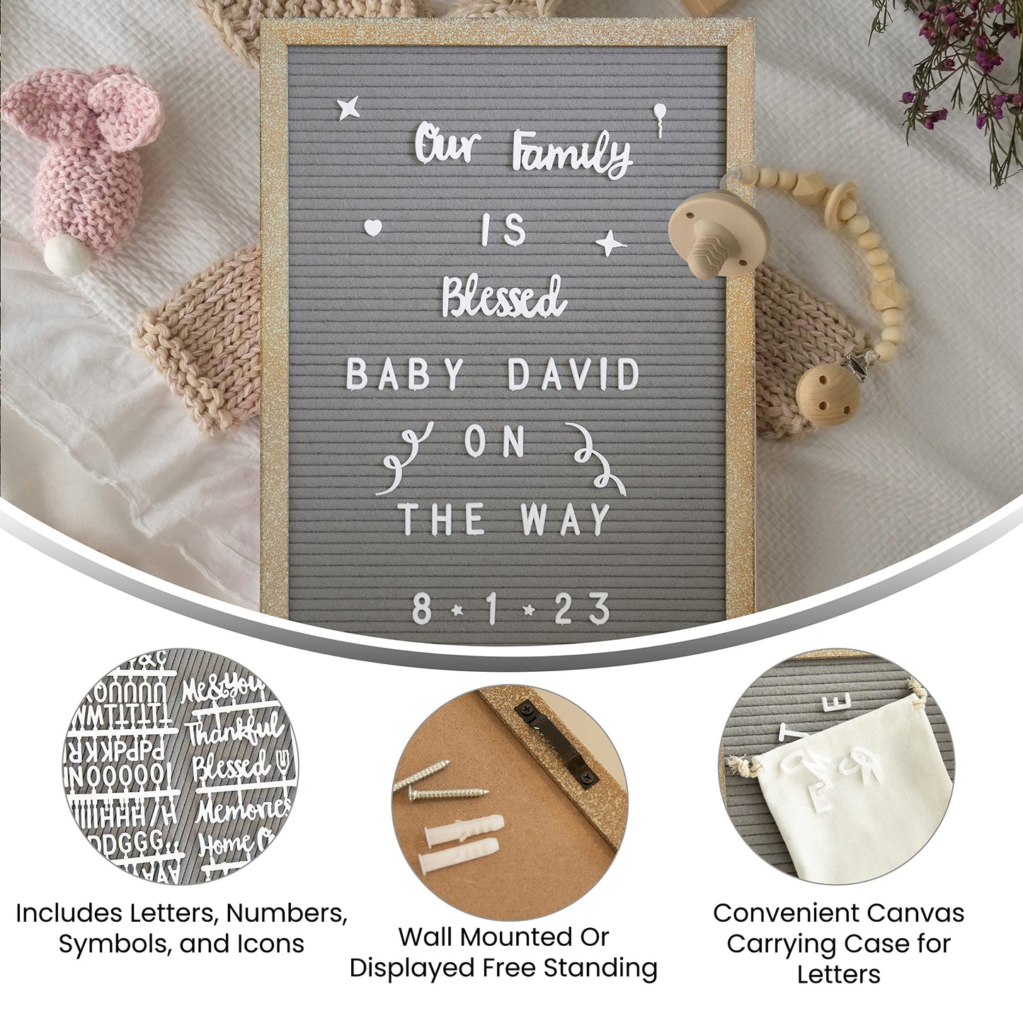 HBCY Creations 12"x17" Felt Letter Board - Solid Wood Frame - Weathered Wood - Gray Felt - 389 PP Letters Including Numbers, Symbols, Icons - Canvas Carrying Case