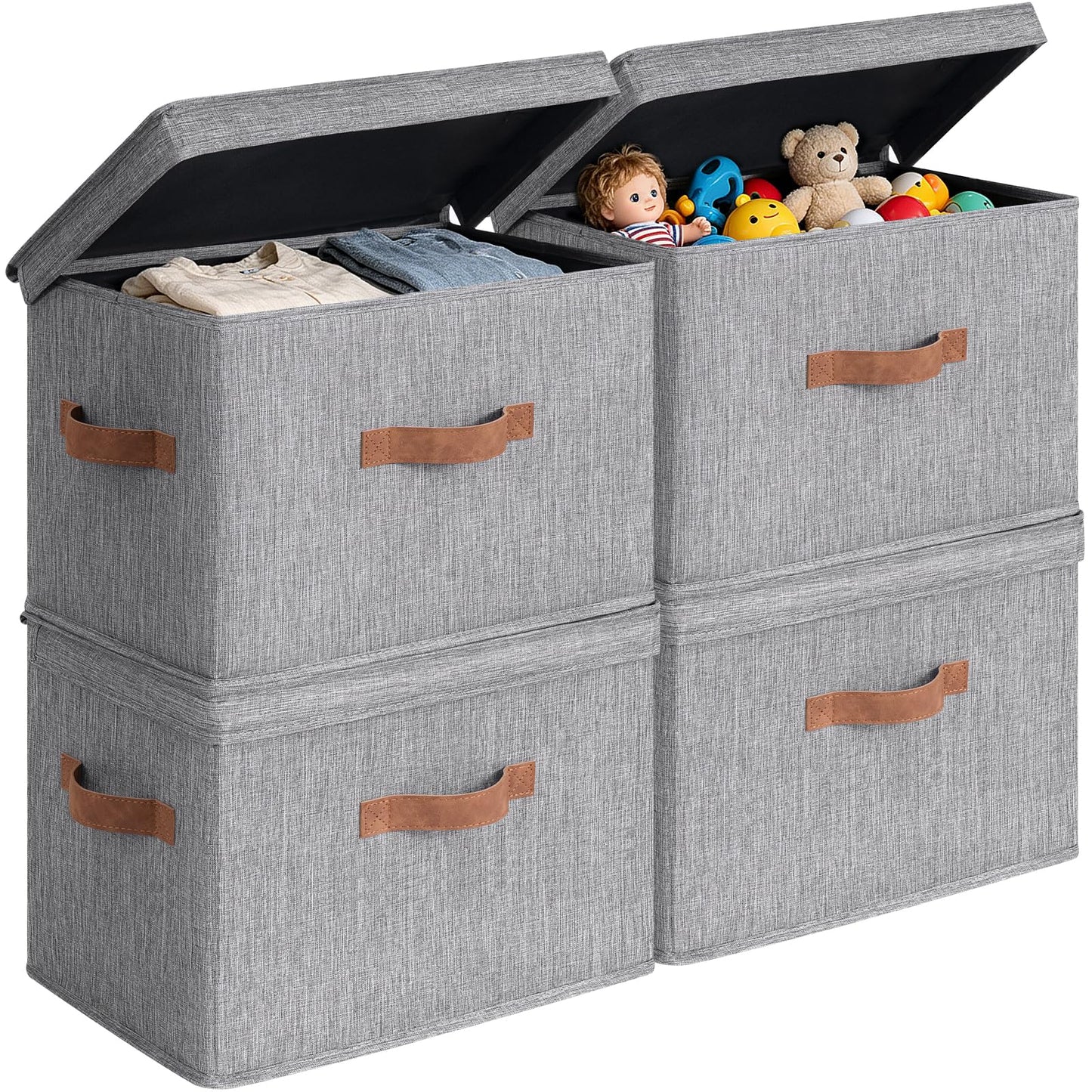 CHICVITA 4-Pack Small Storage Bins with Lids, Fabric Storage Bins for Closet, Toy Storage for Kids, Grey