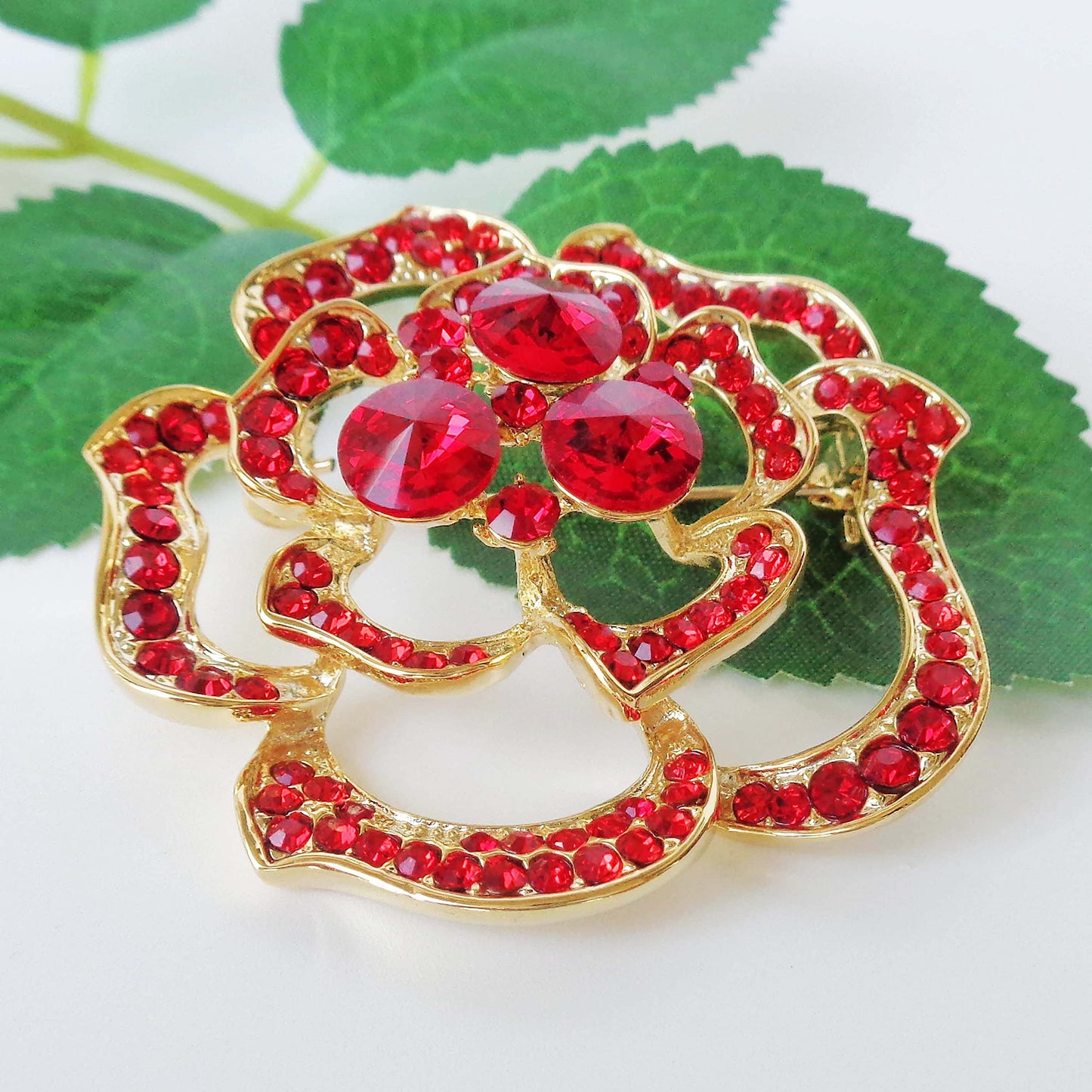Navachi 18k Gold Plated Red Crystal Blooming Rose Flower Az7436b Brooch pins