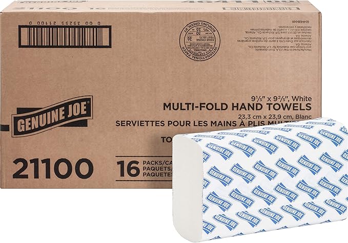 Genuine Joe Multifold Hand Towels, 9.5" x 9.10", 1-Ply, White, 250/Pack, 16 Count