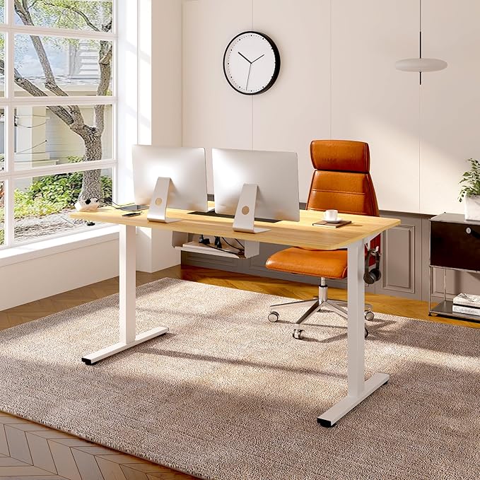 FLEXISPOT EN2 Whole-Piece Standing Desk with Clamp Power Strip, 48 x 30 Electric Stand Up Height Adjustable Desk with Cable Management (White Frame + 48" Maple Top, 2 Packages)