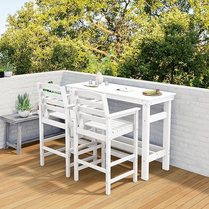 SERWALL Outdoor Bar Set - 2 Adirondack Bar Chairs & Bar Height Table with 1.6" Umbrella Hole, All-Weather HDPE Patio Furniture for Poolside, Backyard, Garden - White