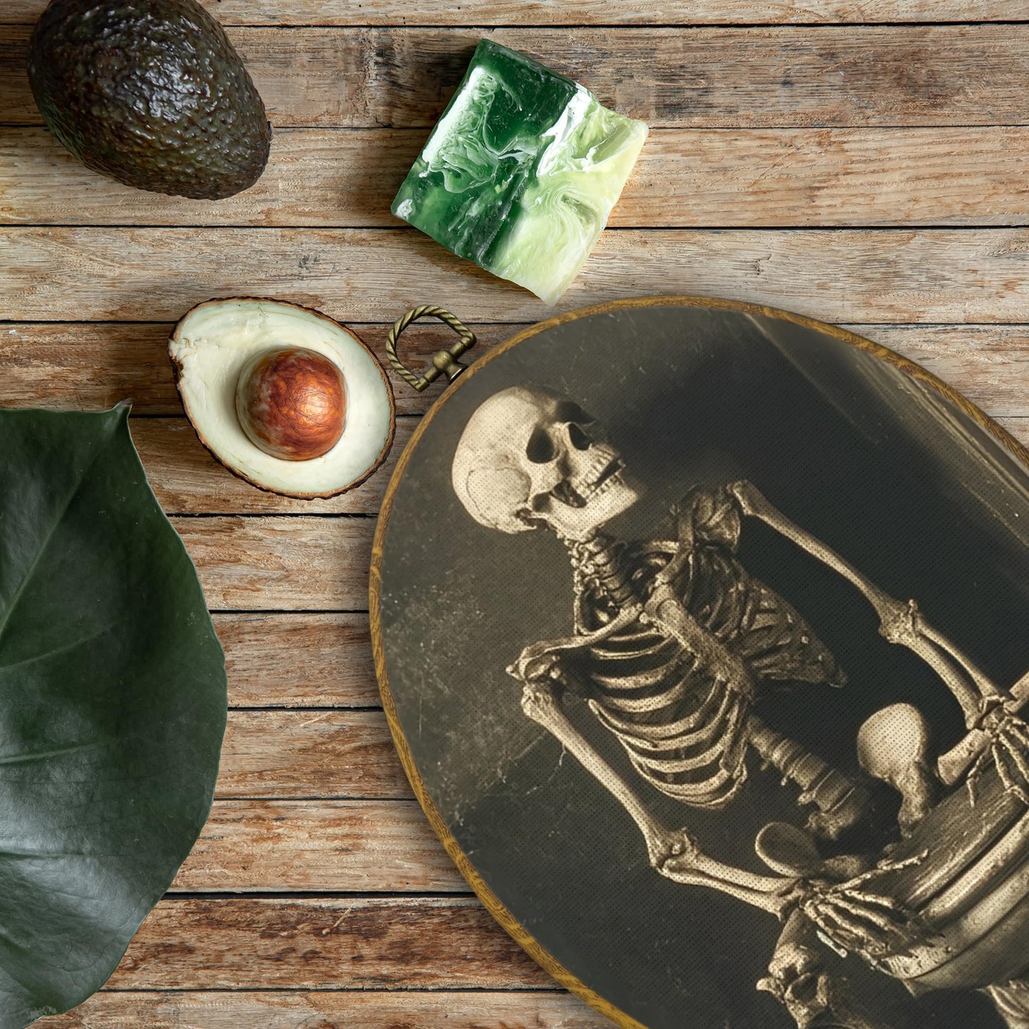 QZQE Funny Gothic Skeleton Bathroom Oval Wall Art Decor Framed, Moody Skeleton Oval Canvas Prints, Dark Academia Spooky Skull Wall Hanging Decor for Bathroom Washroom Restroom, 8.6x11.4 Inch