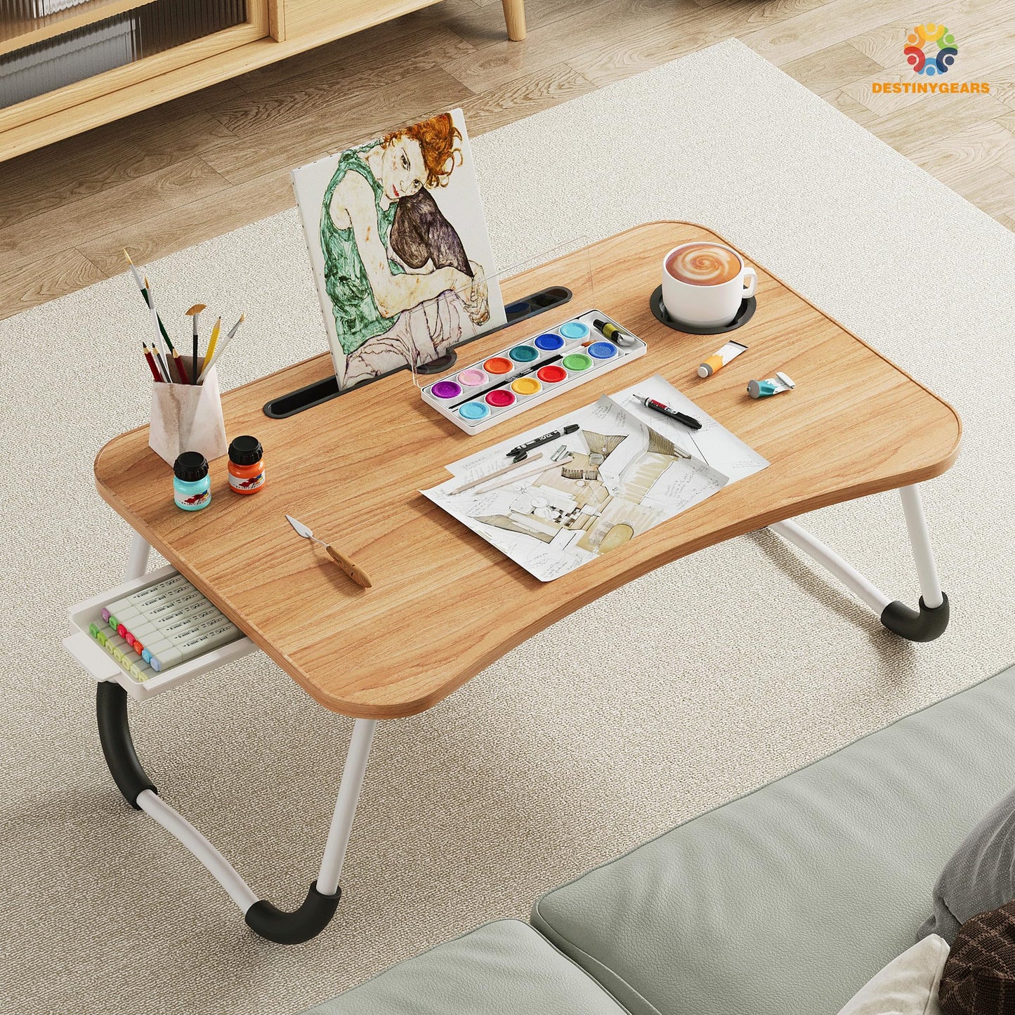 Lap Desk Bed Trays for Eating and Laptops Breakfast in Bed Tray for Sofa/Couch/Study/Reading/Writing with Cup Holder/Drawer On Low Sitting Floor Large Portable Foldable (Walnut Beige)