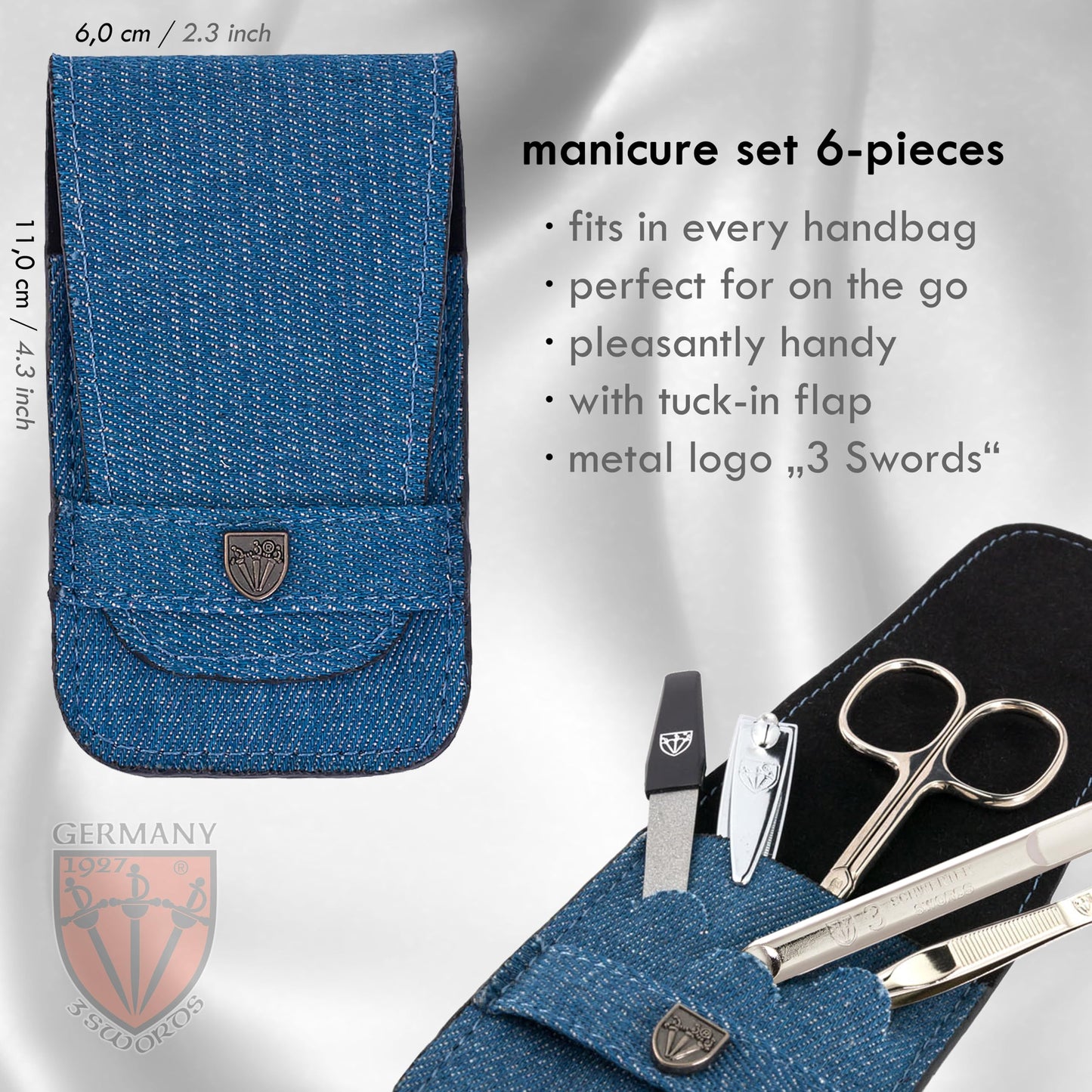 3 Swords Germany - brand quality 6 piece manicure pedicure grooming kit set for professional nail care with jeans textile case - Made in Germany