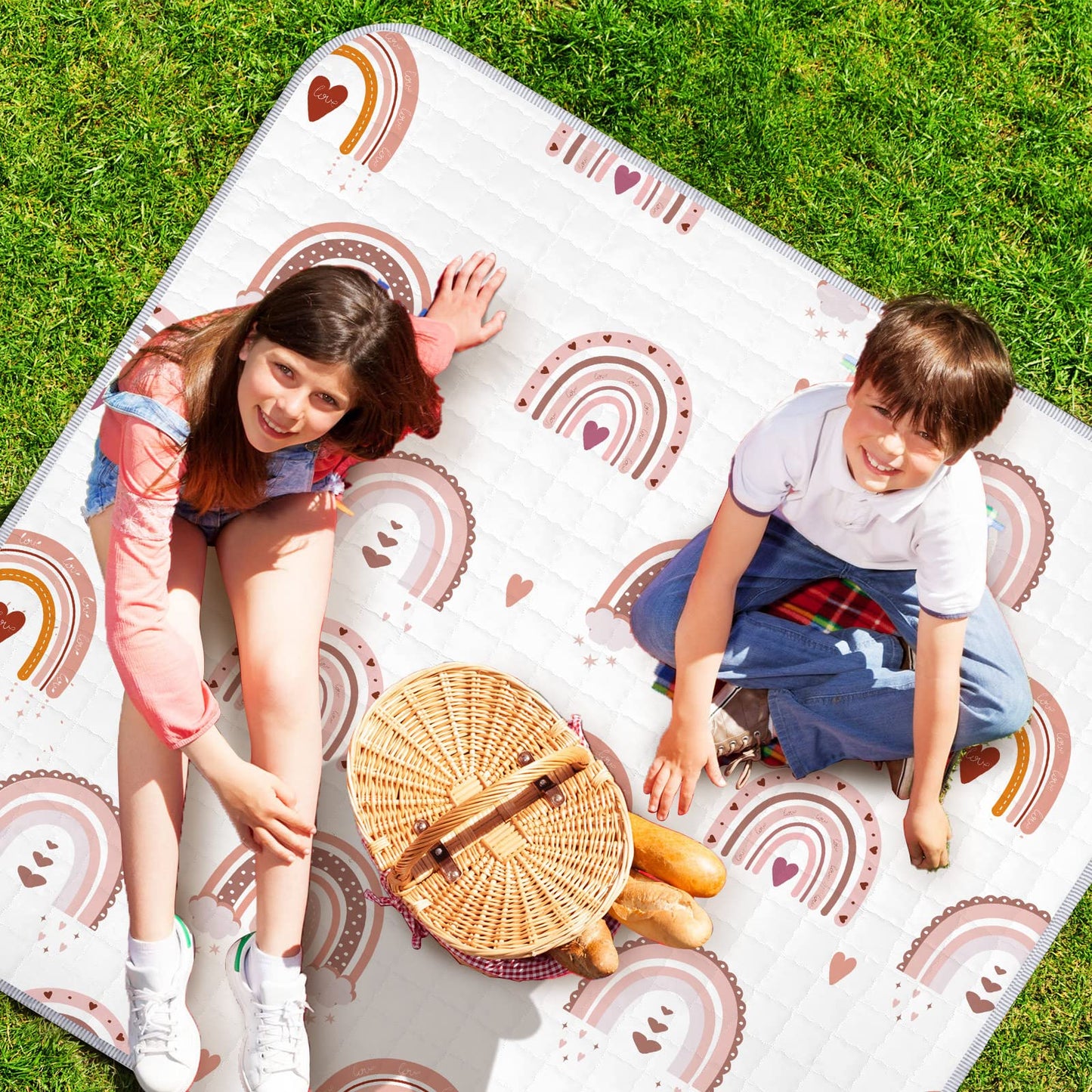 Funtery 43 x 43 Inch Boho Baby Play Mat Portable Crawling Washable Foldable Tummy Time Non Slip Baby Floor Large Playpen Mat for Infants Toddlers Floor Playpen Activity(Boho Rainbow)