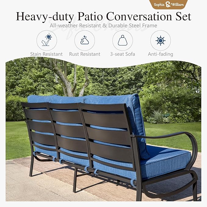 Sophia & William Patio Furniture Sets for 5 Outdoor Metal Conversation Sets 5 Pcs with 2 x Cushioned Swivel Sofa Chairs, 2 x Ottomans as Coffee Table, 1 x 3-Seat Sofa, Backyard Poolside Peacock Blue