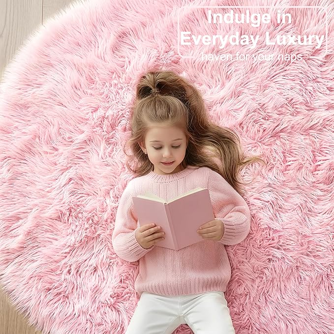 Amdrebio Pink Round Area Rugs 7Ft for Girls Bedroom Decor, Fluffy Large Circle Rug for Living Room, Kids Room, Teen, Fuzzy Plush Carpets for Baby Nursery, Dorm, Classroom, Big Indoor Kawaii Play Rug