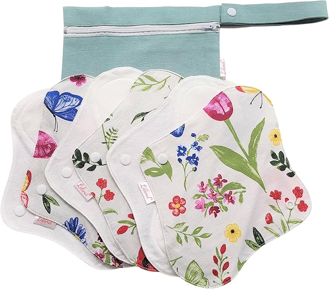 Lilind® 6 Pack Organic Cloth Pads, Regular 9 inch 100% Cotton Reusable Menstrual Sanitary Napkins, Free Wet Bag, Complete Set, Zero Waste