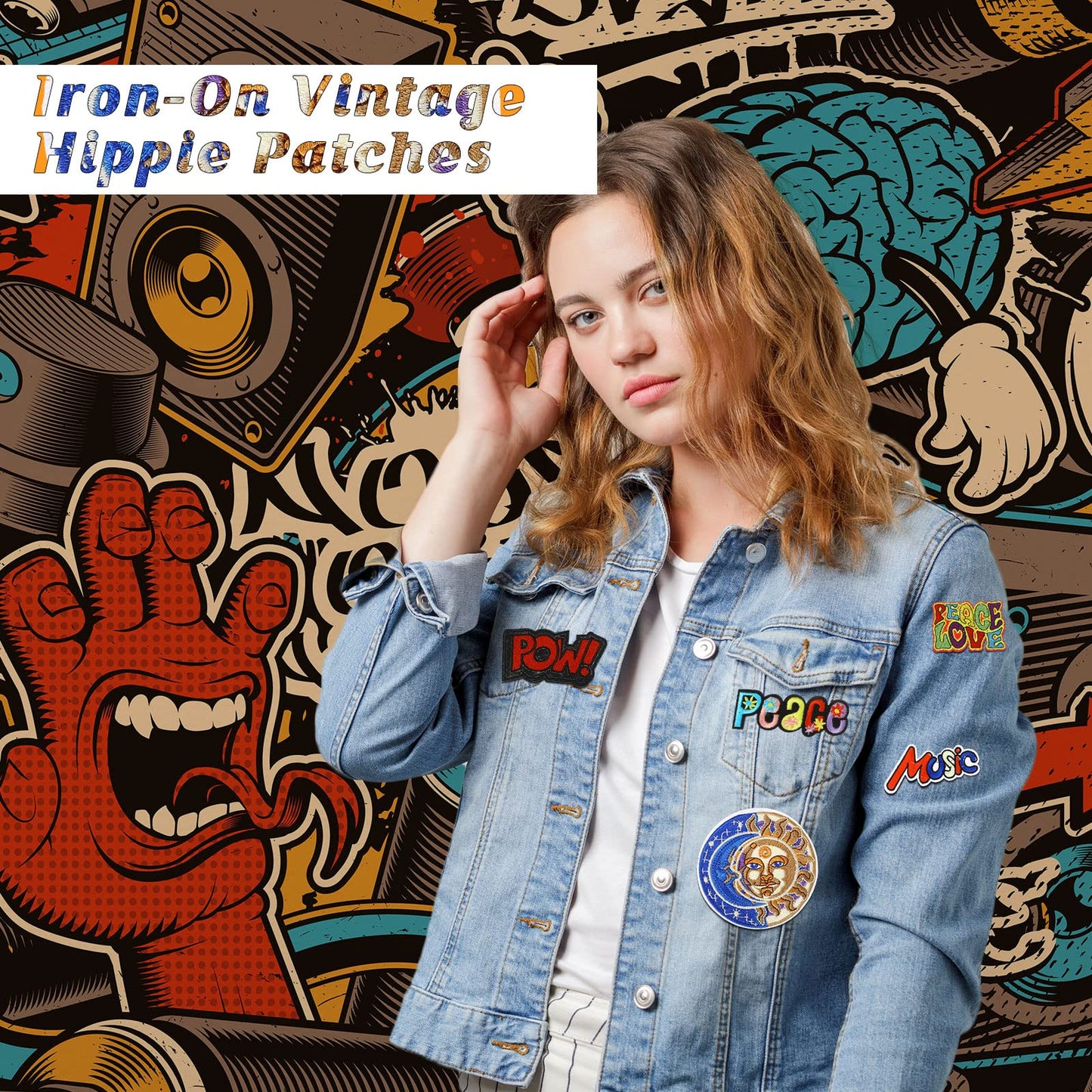Ferraycle 48 Pcs Iron On Patches Hippie Embroidered Patches Random Assorted Styles Kit Aesthetic Repair Appliques for Sewing DIY Jacket Hat Clothing Backpack Jean 1970s Party