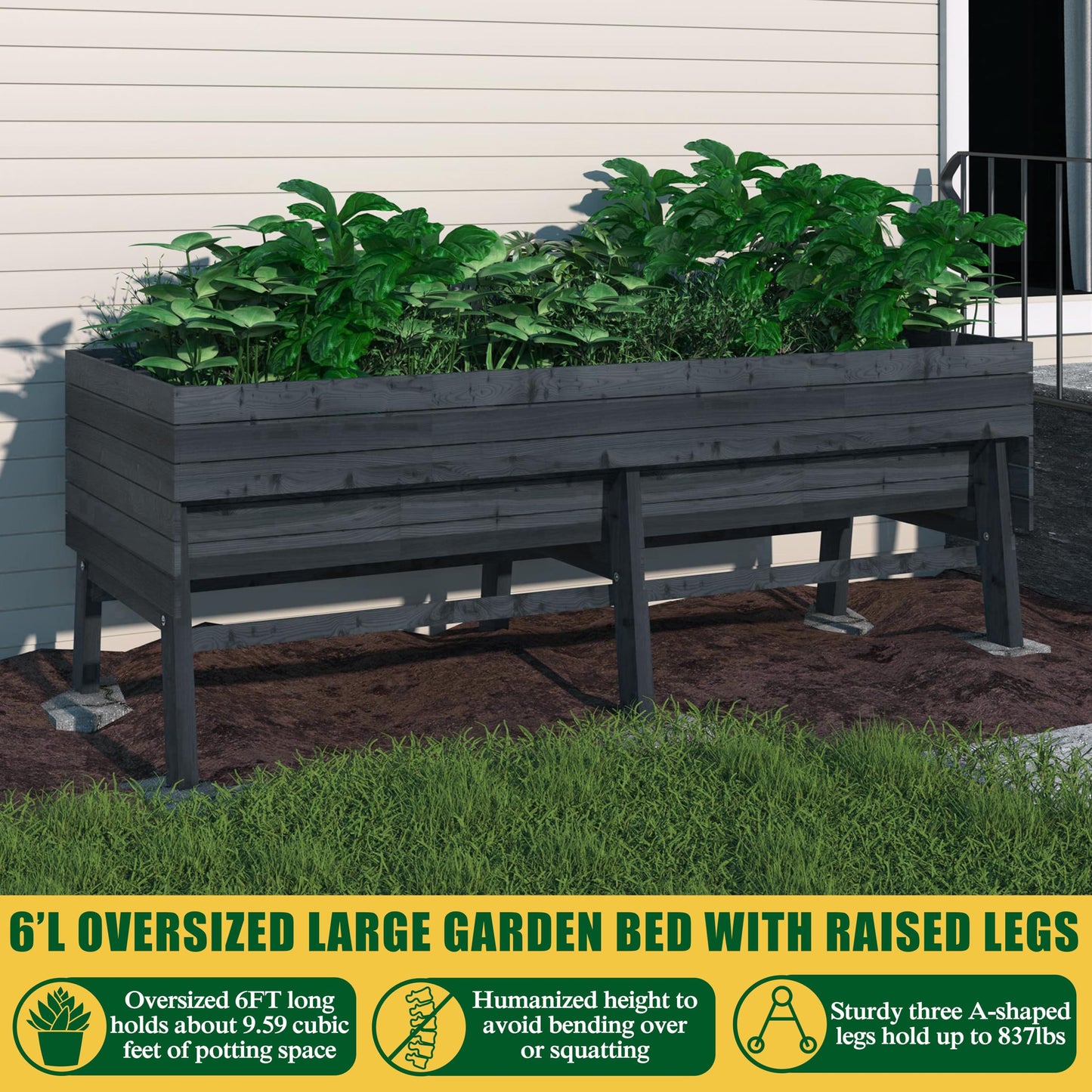 Yardenaler 6x3x2FT Raised Garden Bed with Legs, Large Outdoor Elevated Wood Planted Box with Liner for Vegetable, Flower, Backyard, Patio, Gray