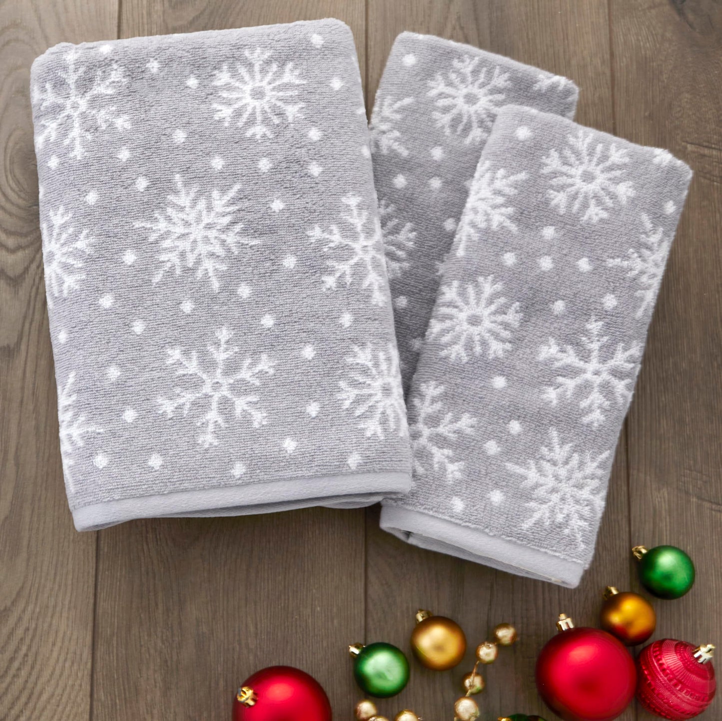 SKL Home Winter/Christmas Scattered Snowflakes Hand Towel 2pc Set for Bath/Kitchen/Bar & Gift, Gray