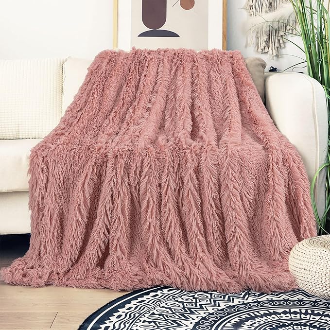 Tuddrom Decorative Extra Soft Fuzzy Faux Fur Throw Blanket 50" x 60",Solid Reversible Long Hair Shaggy Blanket,Fluffy Cozy Plush Comfy Microfiber Fleece Blankets for Couch Sofa Bedroom,Peach Whip