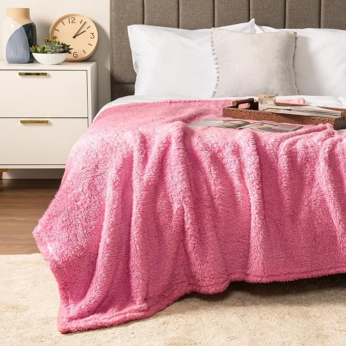 PAVILIA Sherpa Throw Blanket for Couch Sofa, Pink Fluffy Warm Plush Blanket for Twin Bed, Cozy Super Soft Lightweight Throw, Fuzzy Decorative Blanket, All Season Home, 60x80