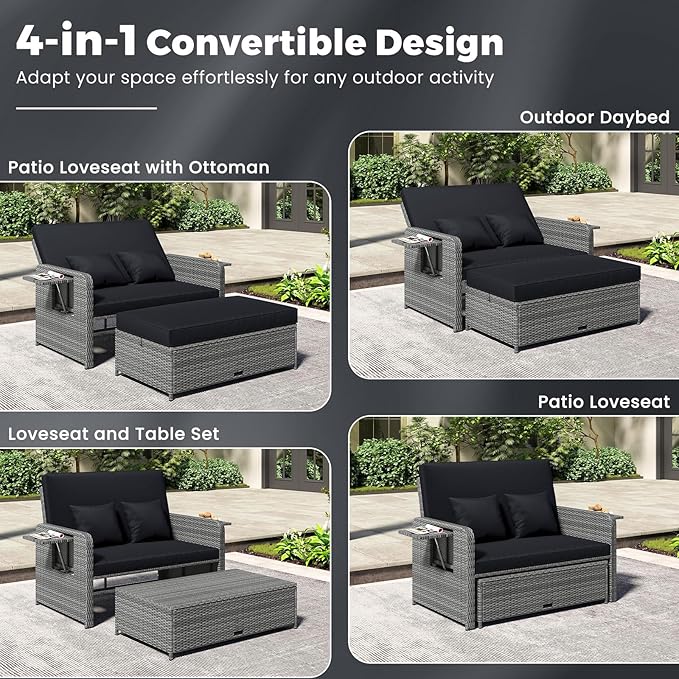 HAPPYGRILL Patio Rattan Wicker Daybed with Loveseat & Storage Ottoman, Outdoor Lounge Sofa Furniture Set with Adjustable Backrest & Side Trays, for Poolside Deck Porch Lawn (Mix Grey & Black)