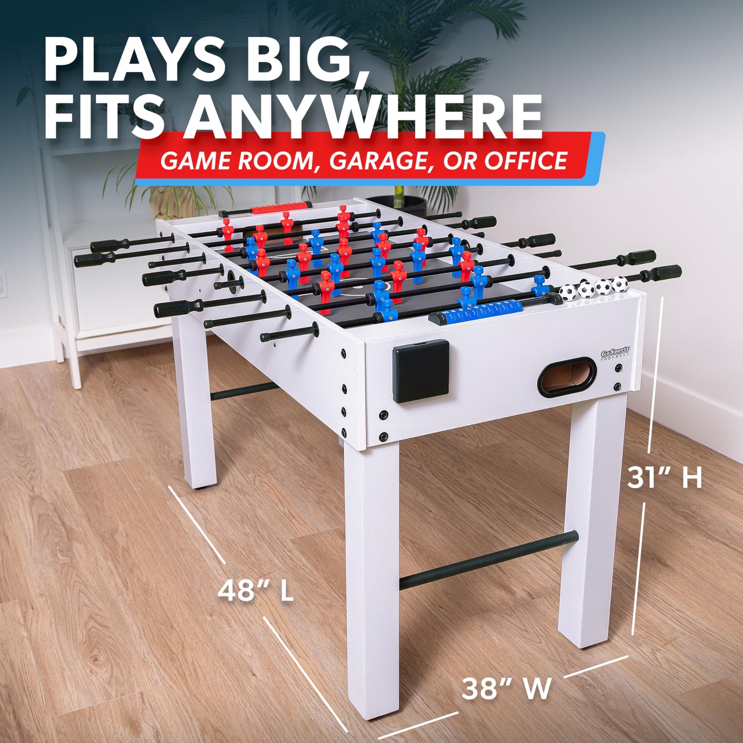 GoSports 48 Inch Game Room Size Foosball Table - Includes 4 Balls and 2 Cup Holders – Black, Oak, or White