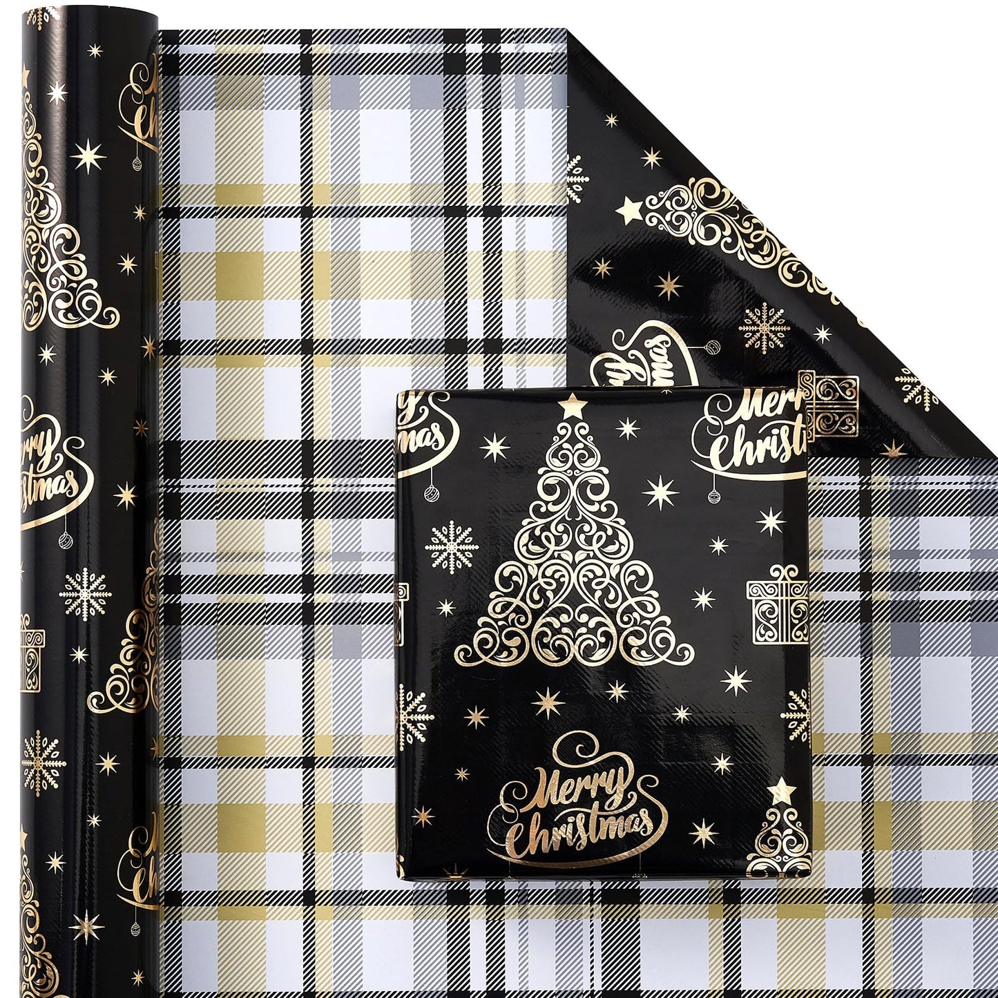 EWES Black Christmas Wrapping Paper Rolls Set, Cute Princess Kids Thick Aesthetic Elegant Girls Girly Heavy Duty Gift Wrap Sheets,Patterns with Christmas Tree,Reversible,Total 48.6sq.ft