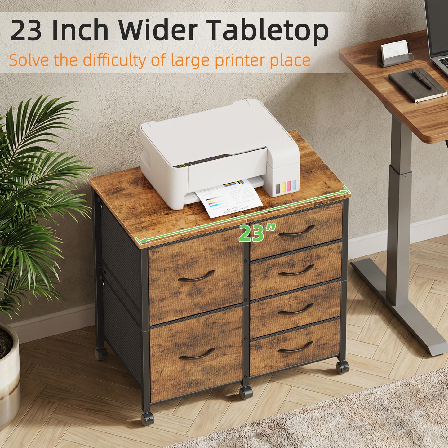 HIGDBFE 6 Drawer Mobile Lateral File Cabinet, Rolling Printer Stand, Under Desk Filing Cabinet Fits A4 Files, Home Office Storage Fabric Cabinet, 2X Space, Rustic Brown, 23''